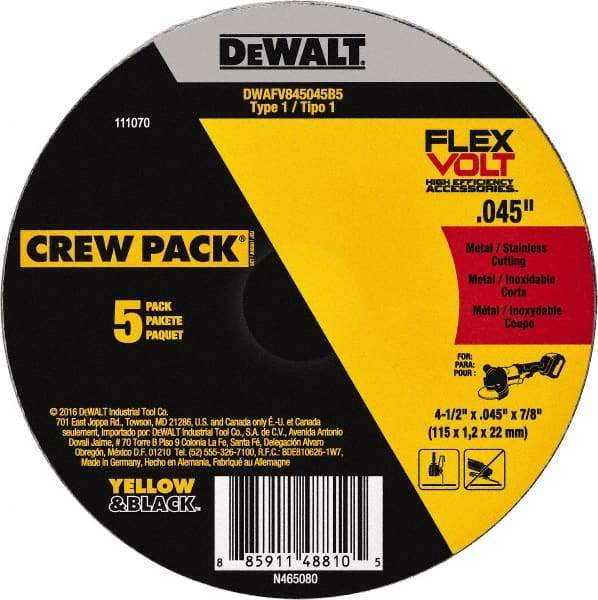 DeWALT - 4-1/2" Ceramic Cutoff Wheel - 0.045" Thick, 7/8" Arbor, 13,300 Max RPM, Use with Portable Tools - Eagle Tool & Supply