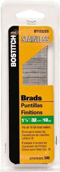 Stanley Bostitch - 18 Gauge 0.05" Shank Diam 1-1/4" Long Brad Nails for Power Nailers - Stainless Steel, Ring Shank, Straight Stick Adhesive Collation, Brad Head, Chisel Point - Eagle Tool & Supply