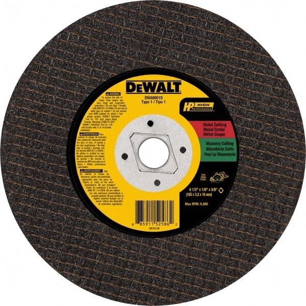 DeWALT - 6-1/2" 24 Grit Aluminum Oxide Cutoff Wheel - 1/8" Thick, 1" Arbor, 9,400 Max RPM, Use with Angle Grinders - Eagle Tool & Supply