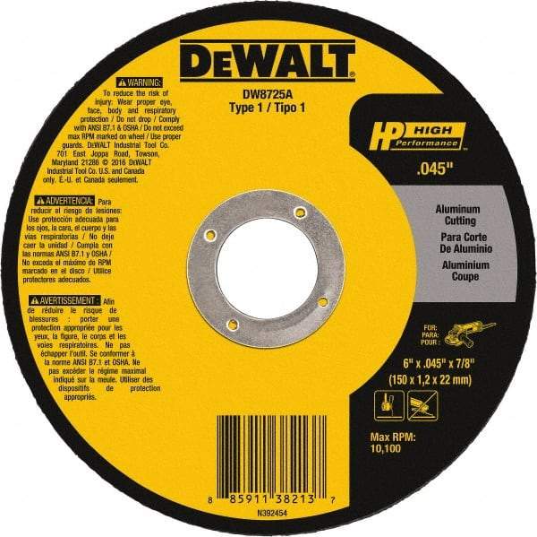 DeWALT - 6" 60 Grit Aluminum Oxide Cutoff Wheel - 3/64" Thick, 7/8" Arbor, 10,100 Max RPM, Use with Angle Grinders - Eagle Tool & Supply