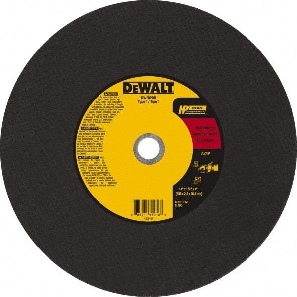 DeWALT - 14" 24 Grit Aluminum Oxide Cutoff Wheel - 1/8" Thick, 20mm Arbor, 5,500 Max RPM, Use with Chop Saws - Eagle Tool & Supply