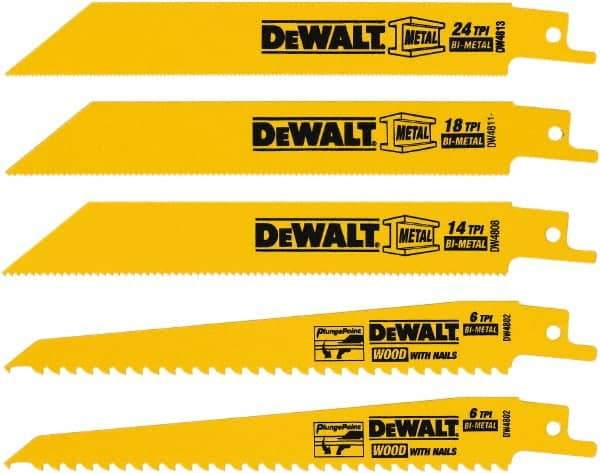 DeWALT - 5 Pieces, 6" Long x 0.04" Thickness, Bi-Metal Reciprocating Saw Blade Set - Straight Profile, 6 to 18 Teeth, Toothed Edge - Eagle Tool & Supply