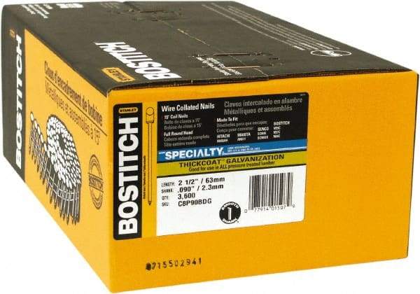 Stanley Bostitch - 13 Gauge 2-1/2" Long Siding Nails for Power Nailers - Steel, Galvanized Finish, Smooth Shank, Coil Wire Collation, Round Head, Blunt Diamond Point - Eagle Tool & Supply