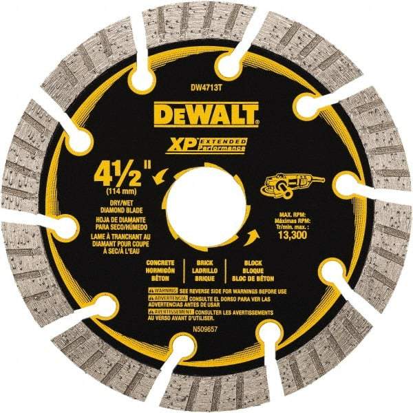 DeWALT - 4-1/2" Diam, 5/8" Arbor Hole Diam, 10 Tooth Wet & Dry Cut Saw Blade - Diamond Matrix, Fast Cutting Action, Standard Round Arbor - Eagle Tool & Supply