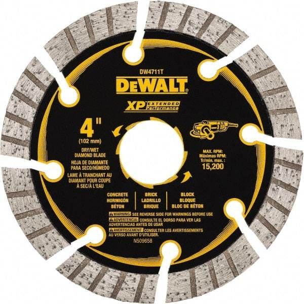 DeWALT - 4" Diam, 7/8" Arbor Hole Diam, 8 Tooth Wet & Dry Cut Saw Blade - Diamond Matrix, Fast Cutting Action, Standard Round Arbor - Eagle Tool & Supply