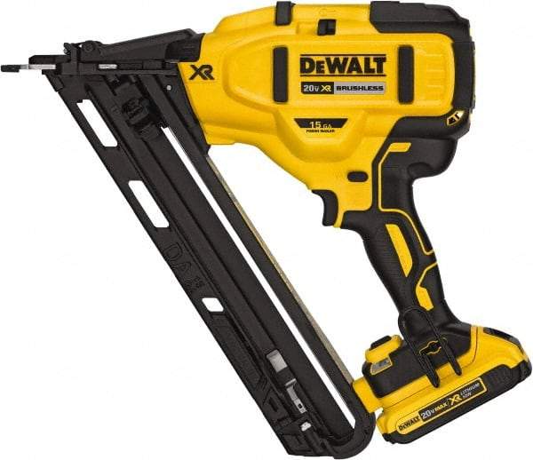 DeWALT - Cordless Finish Nailer Kit - 15 Gauge Nail Diam, 1-1/4 to 2-1/2" Long Nail, Includes DCB203 2Ah Battery, Carry Bag & Charger - Eagle Tool & Supply