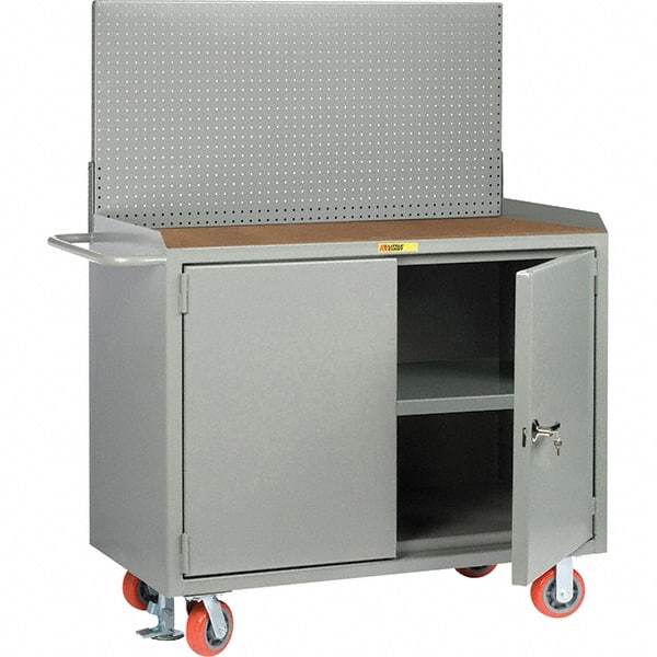 Little Giant - 3,600 Lb Capacity, 3 Shelf, 2 Door Mobile Bench Cabinet with Pegboard Panel - 41" Wide x 24" Deep x 43" High, Steel, Gray - Eagle Tool & Supply