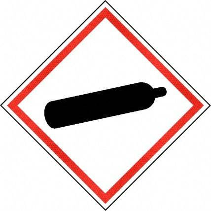 NMC - Hazardous Materials Label, Header: Compressed Gas Warning - Legend: GHS - Graphic, English, Black & Red, 2" Long x 2" High, No Coating - Eagle Tool & Supply