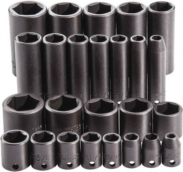 Proto - 25 Piece 3/8" Drive Full Polish Finish Deep Well Impact Socket Set - 6 Points, 1" to 1" Range, Inch Measurement Standard - Eagle Tool & Supply