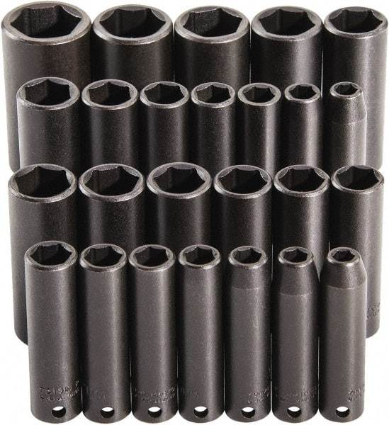 Proto - 25 Piece 3/8" Drive Deep Impact Socket Set - 6 Points, 15/16 to 1", 7 to 19mm, Inch/Metric Measurement Standard - Eagle Tool & Supply