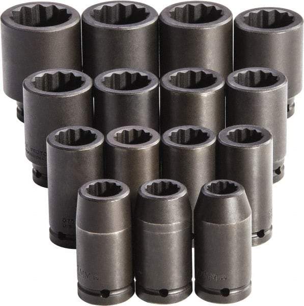 Proto - 15 Piece 3/4" Drive Full Polish Finish Deep Well Impact Socket Set - 12 Points, 19mm to 43mm Range, Metric Measurement Standard - Eagle Tool & Supply