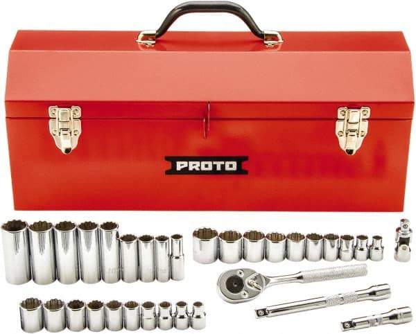 Proto - 34 Piece 3/8" Drive Chrome Finish Deep Well Socket Set - 12 Points, 5/16" (8mm to 19mm) Range, Inch/Metric Measurement Standard - Eagle Tool & Supply