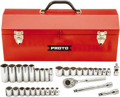 Proto - 34 Piece 3/8" Drive Chrome Finish Deep Well Socket Set - 12 Points, 5/16" (8mm to 19mm) Range, Inch/Metric Measurement Standard - Eagle Tool & Supply