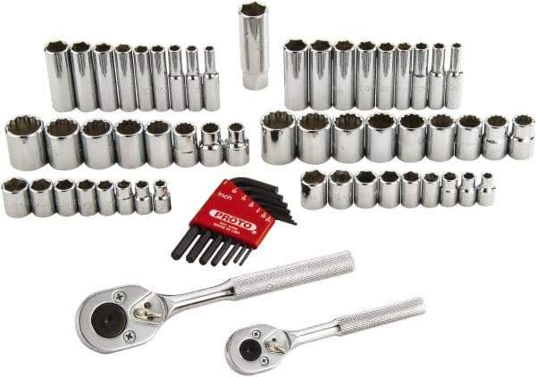 Proto - 63 Piece 1/4 & 3/8" Drive Standard Deep Socket Set - 6 & 12 Points, 1/4 to 3/4", 5 to 18mm, Inch/Metric Measurement Standard - Eagle Tool & Supply