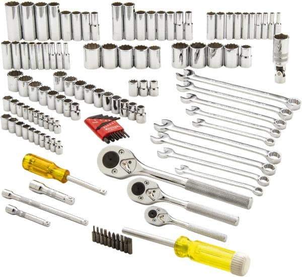 Proto - 125 Piece 1/4", 3/8" & 1/2" Drive Full Polish Finish Deep Well Socket Set - 6, 8, 12 Points, 1/4" to 13/16" (4mm to 24mm) Range, Inch/Metric Measurement Standard - Eagle Tool & Supply