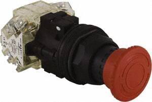 Schneider Electric - 30mm Mount Hole, Extended Mushroom Head, Pushbutton Switch with Contact Block - Round, Red Pushbutton, Maintained (MA) - Eagle Tool & Supply