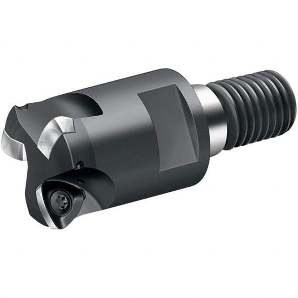 Walter - 15° Lead Angle, 1-1/4" Max Cut Diam, 0.699" Min Cut Diam, 0.059" Max Depth of Cut, Indexable Chamfer & Angle End Mill - 3 Inserts, P 2633.-R14 Insert Style, 69mm OAL, Through Coolant, Threaded Shank - Eagle Tool & Supply