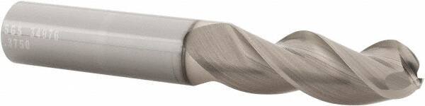 SGS - 3/8" Diam, 1" LOC, 3 Flute Solid Carbide Ball End Mill - TiB2 Finish, Single End, 2-1/2" OAL, 3/8" Shank Diam, Spiral Flute - Eagle Tool & Supply