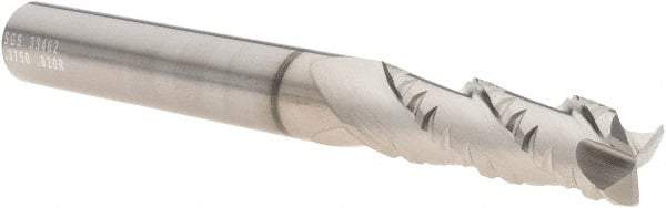 SGS - 3/8" Diam, Coarse Pitch, 1-1/4" LOC, 3 Flute Solid Carbide 0.02" Corner Radius Roughing End Mill - TiB2 Finish, 3-1/2" OAL, 3/8" Shank Diam, Single End, Centercutting, 38° Helix - Eagle Tool & Supply