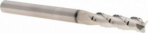SGS - 1/4" Diam, Coarse Pitch, 1" LOC, 3 Flute Solid Carbide 0.02" Corner Radius Roughing End Mill - TiB2 Finish, 3" OAL, 1/4" Shank Diam, Single End, Centercutting, 38° Helix - Eagle Tool & Supply