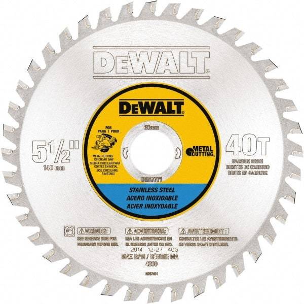 DeWALT - 5-1/2" Diam, 25/32" Arbor Hole Diam, 40 Tooth Wet & Dry Cut Saw Blade - Steel, Crosscutting Action, Standard Round Arbor - Eagle Tool & Supply