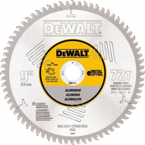 DeWALT - 9" Diam, 1" Arbor Hole Diam, 72 Tooth Wet & Dry Cut Saw Blade - Steel, Crosscutting Action, Standard Round Arbor - Eagle Tool & Supply