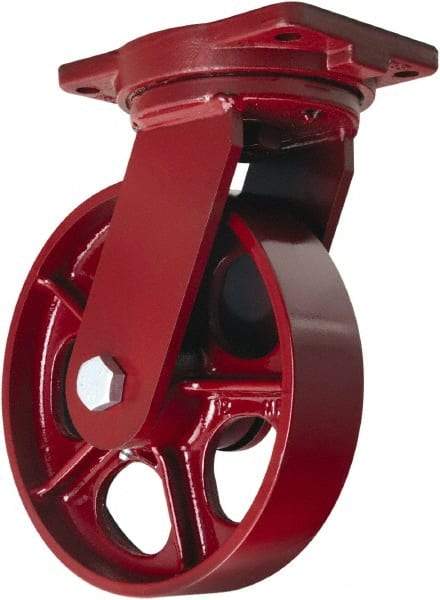 Hamilton - 10" Diam x 2-1/2" Wide x 12-1/2" OAH Top Plate Mount Swivel Caster - Cast Iron, 2,500 Lb Capacity, Straight Roller Bearing, 6-1/8 x 7-1/2" Plate - Eagle Tool & Supply