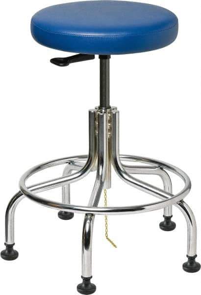 Bevco - 22" Wide x 22" Deep x 19 to 24" High, Steel Base, Versa ESD Backless Adjustable Height Swivel Stool with Chrome Steel Base - Vinyl Seat, Blue, Footring, Mushroom Glides - Eagle Tool & Supply