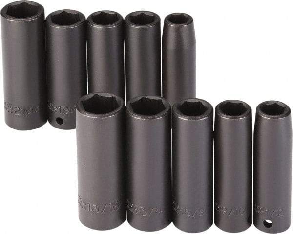 Proto - 10 Piece 1/2" Drive Black Finish Deep Well Impact Socket Set - 6 Points, 1/2" to 13/16" (13mm to 21mm) Range, Inch/Metric Measurement Standard - Eagle Tool & Supply