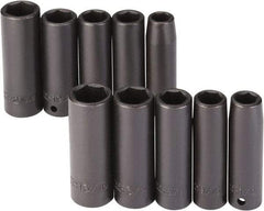 Proto - 10 Piece 1/2" Drive Black Finish Deep Well Impact Socket Set - 6 Points, 1/2" to 13/16" (13mm to 21mm) Range, Inch/Metric Measurement Standard - Eagle Tool & Supply