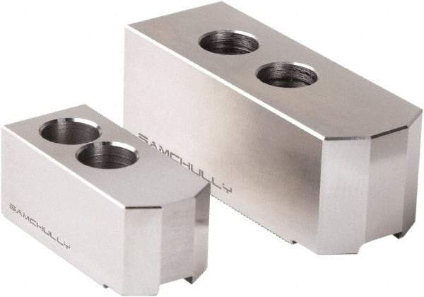 Samchully - 304mm Max Chuck Capacity, 1.5mm x 60° Serrated Interface, Square Soft Lathe Chuck Jaw - 3 Jaw, Steel, 30mm Btw Mount Hole Ctrs, 129mm Long, 50mm Wide, 50mm High, 18mm Groove, M14mm Fastener - Eagle Tool & Supply