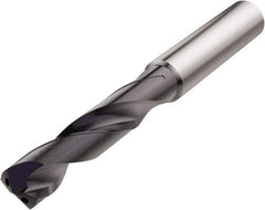 Seco - 4.6mm 140° Spiral Flute Solid Carbide Screw Machine Drill Bit - TiAlN Finish, Right Hand Cut, 24mm Flute Length, 66mm OAL, Conical Point, Straight Shank, Through Coolant - Eagle Tool & Supply