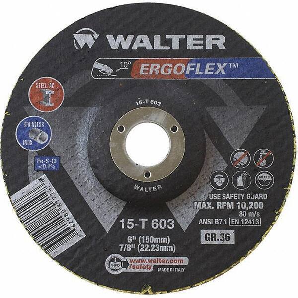 WALTER Surface Technologies - 36 Grit, 6" Disc Diam, 7/8" Center Hole, Type 29 Ceramic Flap Disc - 10,200 Max RPM, Fiber Backing, Arbor Attaching System, Coated - Eagle Tool & Supply