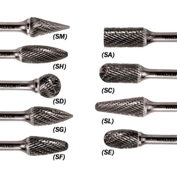 WALTER Surface Technologies - 3/8" Cut Diam, 1/4" Shank Diam, Cylinder Ball End Head Single Cut Burr - Tungsten Carbide, 3/4" LOC, 3-3/4" OAL - Eagle Tool & Supply