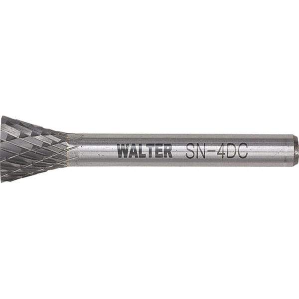 WALTER Surface Technologies - 1/4" Cut Diam, 1/4" Shank Diam, Inverted Cone Head Double Cut Burr - Tungsten Carbide, 3/4" LOC, 4-3/4" OAL - Eagle Tool & Supply