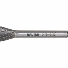 WALTER Surface Technologies - 1/4" Cut Diam, 1/4" Shank Diam, Inverted Cone Head Double Cut Burr - Tungsten Carbide, 1/2" LOC, 4-1/2" OAL - Eagle Tool & Supply