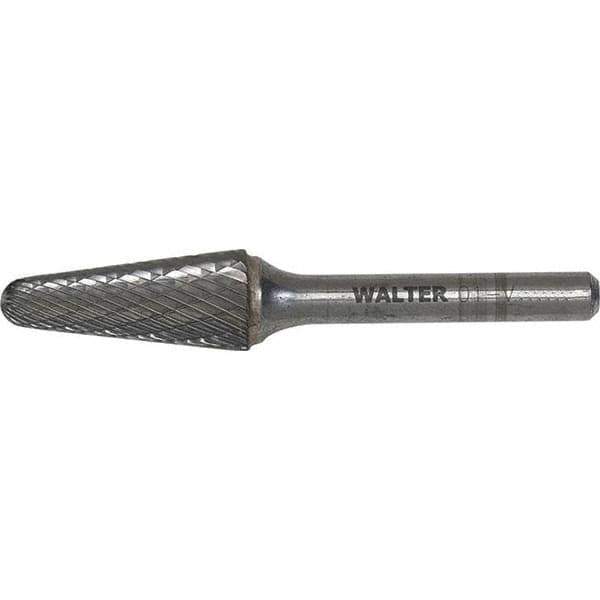 WALTER Surface Technologies - 1-1/2" Cut Diam, 1/4" Shank Diam, Cone Head Single Cut Burr - Tungsten Carbide, 1-1/8" LOC, 5-5/8" OAL - Eagle Tool & Supply