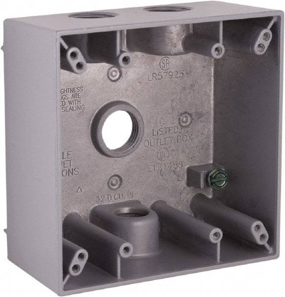 Hubbell-Raco - 2 Gang, (4) 1/2" Knockouts, Aluminum Square Device Box - 4-1/2" Overall Height x 2-1/4" Overall Depth, Weather Resistant - Eagle Tool & Supply