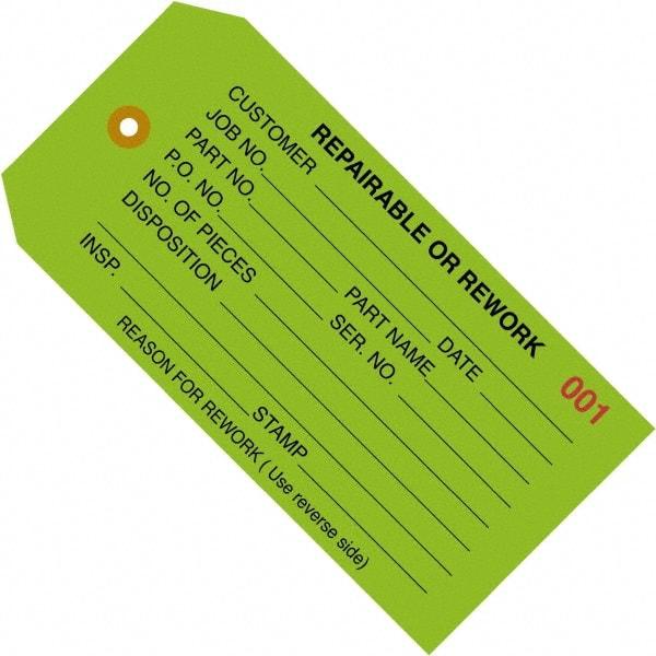 Made in USA - 4-3/4" High x 2-3/8" Long, REPAIRABLE OR REWORK, English Safety & Facility Inspection Tag - Green Cardstock - Eagle Tool & Supply