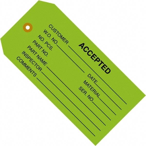 Made in USA - 4-3/4" High x 2-3/8" Long, ACCEPTED, English Safety & Facility Inspection Tag - Green Cardstock - Eagle Tool & Supply