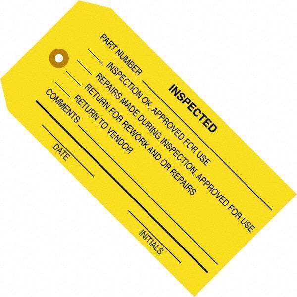 Made in USA - 4-3/4" High x 2-3/8" Long, Inspected, English Safety & Facility Inspection Tag - Yellow Cardstock - Eagle Tool & Supply