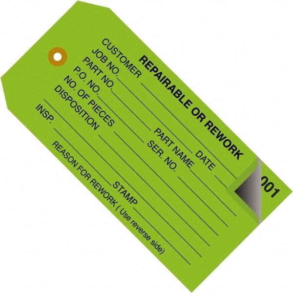 Made in USA - 4-3/4" High x 2-3/8" Long, REPAIRABLE OR REWORK, English Safety & Facility Inspection Tag - Green Cardstock - Eagle Tool & Supply
