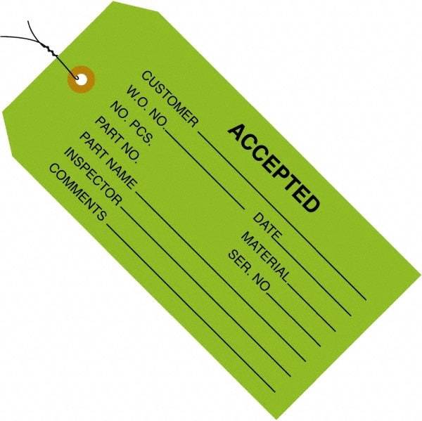 Made in USA - 4-3/4" High x 2-3/8" Long, ACCEPTED, English Safety & Facility Inspection Tag - Green Cardstock - Eagle Tool & Supply