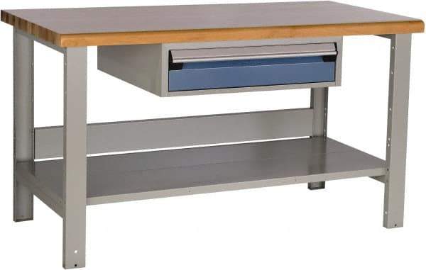 Rousseau Metal - 1 Drawer, 2 Shelf Workstation - 2,750 Lb Capacity, Wood Top, Everest Blue, 48" Wide x 34" High x 30" Long - Eagle Tool & Supply