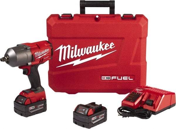 Milwaukee Tool - 1/2" Drive 18 Volt Pistol Grip Cordless Impact Wrench & Ratchet - 1,750 RPM, 0 to 2,100 BPM, 1,000 Ft/Lb Torque, 2 Lithium-Ion Batteries Included - Eagle Tool & Supply