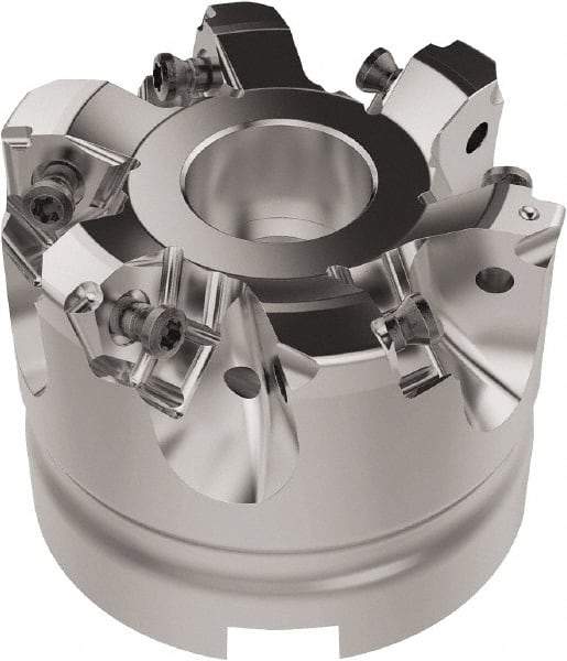Seco - 63mm Cut Diam, 27mm Arbor Hole, 6.96mm Max Depth of Cut, 92° Indexable Chamfer & Angle Face Mill - 6 Inserts, XNEX080816 Insert, Right Hand Cut, 6 Flutes, Through Coolant, Series R220.79 - Eagle Tool & Supply