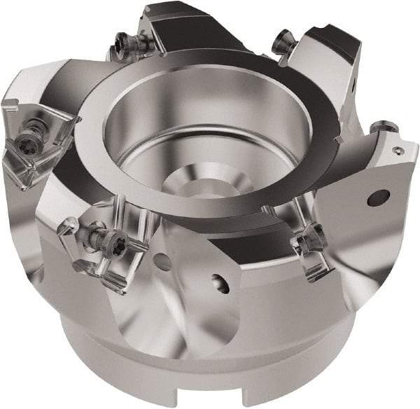 Seco - 80mm Cut Diam, 27mm Arbor Hole, 6.96mm Max Depth of Cut, 92° Indexable Chamfer & Angle Face Mill - 6 Inserts, XNEX080816 Insert, Right Hand Cut, 6 Flutes, Through Coolant, Series R220.79 - Eagle Tool & Supply