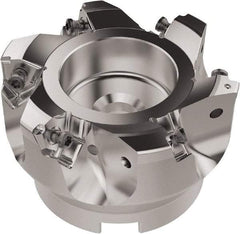 Seco - 80mm Cut Diam, 27mm Arbor Hole, 6.96mm Max Depth of Cut, 92° Indexable Chamfer & Angle Face Mill - 6 Inserts, XNEX080816 Insert, Right Hand Cut, 6 Flutes, Through Coolant, Series R220.79 - Eagle Tool & Supply