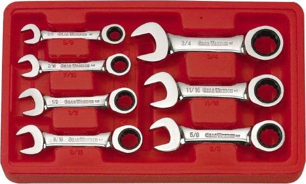 GearWrench - 7 Piece, 3/8" to 3/4", 12 Point Ratcheting Combination Wrench Set - Inch Measurement Standard, Chrome Finish, Comes in Plastic Tray - Eagle Tool & Supply