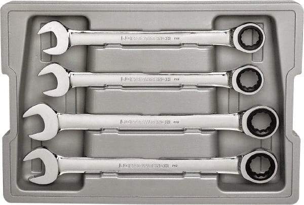 GearWrench - 4 Piece, 21mm to 25mm, 12 Point Ratcheting Combination Wrench Set - Metric Measurement Standard, Chrome Finish, Comes in Plastic Tray - Eagle Tool & Supply